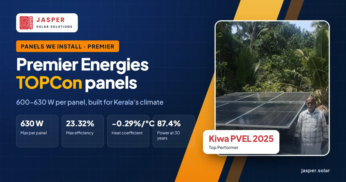 Premier Energies TOPCon panels (600–630 W) for Kerala